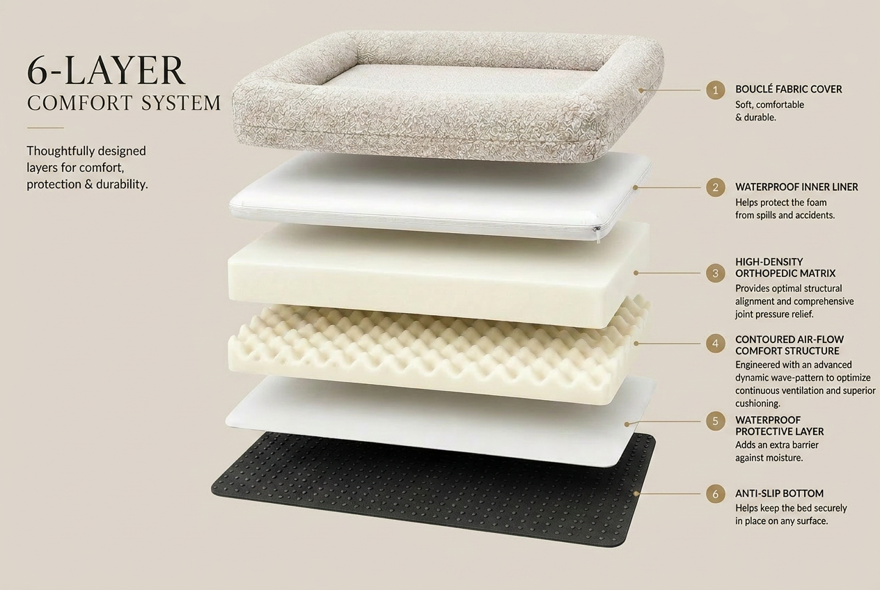 6-Layer Comfort System — Exploded view of the Maison Cocolino orthopedic bed